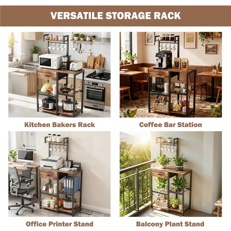 Bakers Rack with Storage,Microwave Stand with Drawer,6 Tier Coffee Bar