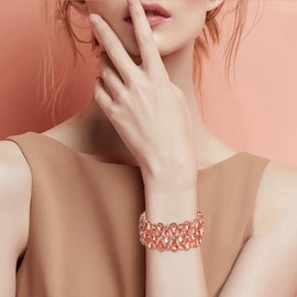 BriLove Wedding Bridal Bracelet for Brides, Teardrop Rhinestones Cluster Stretch Bangle for Women Peach Morganite Color Rose-Gold-Tone