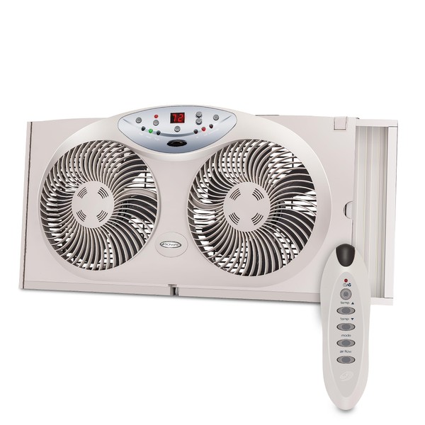 BIONAIRE Premium Digital 8.5" Twin Window Fan, Reversible Airflow Control, Exhaust and Intake, 3 Speeds, Extender Panels, Programmable Thermostat, LED Temperature Display, Remote Control, Light Grey