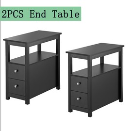 SEGAWE 2PCS End Table w/ 2 Drawer Shelf Narrow Bedroom Side Table for Living Room Black