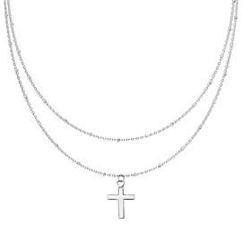 Bungsa Women's Double Chain Cross Silver 316L Stainless Steel, Stainless Steel, None