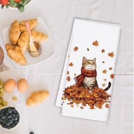 OSLYSOF Fall Cat Kitchen Towels, Gifts for Cats Lovers Women Dish Tea Towel for Kitchen Decor, Trendy Cat Maple Leaf Autumn Hand Towels for Bathroom Decor, 16x24 Inch