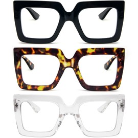 REAVEE 3 Pack Oversized Reading Glasses for Women Large Frame Extra Wide, Blue Light Blocking Readers Stylish Square Thick Eyewear, Black Leopard Clear 2.25