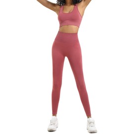 HAODIAN - Conjunto de 2 piezas de yoga para mujer, leggings de cintura alta con brasier deportivo, ropa de gimnasio, Rojo (Rust Red), L