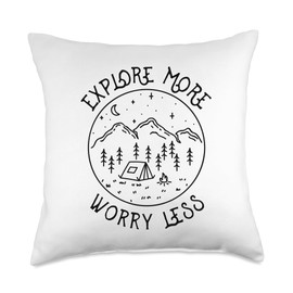 Funny Sayings For Camper Hiker & Backpacking Explore More Worry Less Campfire Nature Lover Tent Camping Throw Pillow, 18x18, Multicolor
