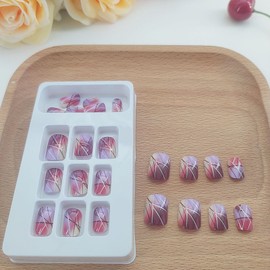 Square Press on Nails Short Purple Fake Nails with Lines Designs Fall Faux Nails Press ons Reusable Glue on Nails for Women Daily Wear 24 Pcs