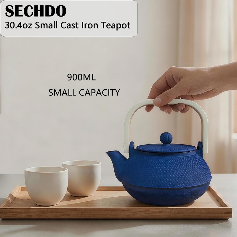 SECHUDO 30.4oz Small Tea Kettle, Blue Cast Iron Teapot with