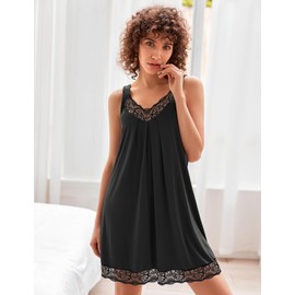 Ekouaer Womens Nightgown 2 Pack Nightgown V Neck Lace Sleepwear Sleeveless Chemise Women's nightgowns & sleepshirts Black+Leopard Print,XL