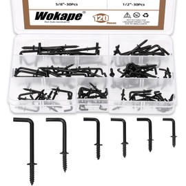 Wokape 6 Sizes Metal Screw-in Square Bend Hook Kit, 1/2" 5/8" 3/4" 7/8" 1" 1-1/4" L Shape Screw Hooks 7-Shape Hook Self Tapping Screw Hooks 90 Degree Screw in Hook for Home/Workplace (Black)