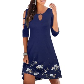 Beach Cover Ups for Women 2024 Casual Summer Hollowed Out Cold Shoulder Plain Swing Trendy Flora Print Swing Vacation Tunic Dresses with Pockets M