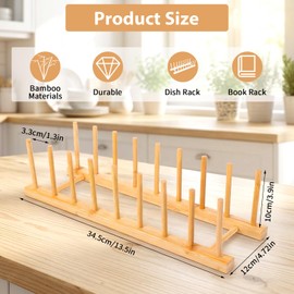 8-Slot Bamboo Wooden Plate Rack, Dish Drying Rack & Pot Lid Holder Stand, Kitchen Cabinet Organizer for Bowls, Cups, Cutting Boards