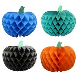 10 Inch Honeycomb Tissue Paper Pumpkin Decoration, Set of 4 (Black, Teal, Turquoise, Orange)