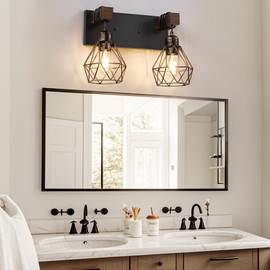 Farmhouse Vanity Light for Bathroom, 2-Light Black Gold Wood Bathroom Vanity Light Fixtures Over Mirror, Rustic Sconces Wall Lighting with Metal Lampshade for Living Room, Bedroom, Hallway