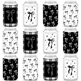 SiliFine 12 Pcs Bow Can Cooler Sleeves Neoprene Coquette Party Favors 12 oz Drink Beverage Can Insulator Beer Cup Holder for Hot Cold Drinks Coquette Bow Birthday Party Supply Favor Gifts (Black)