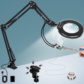KUVRS Ultra Long 3-Section Swing Arm 12X Magnifying Glass with Light and Stand, 5 Colors Helping Hands Soldering Station, 4-Way Large Metal Clamp LED Lighted Magnifier Lamp for Craft Workbench Repair