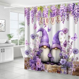 MZYZAF Lavender Gnome Shower Curtains Watercolor Spring Purple Weeping Wisteria Vine Floral Butterfly Farmhouse Rustic Barn Wooden Board Valentine Bathroom Decor Fabric Curtain with Hooks 70X70Inch