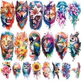 77 Sheets Flower Lion Tiger Temporary Tattoo for Women Men, 17 Sheets Half Arm Large Cat Owl Parrot Fake Tattoos, 60 Sheets Snake Wolf Feather Tiny for Adult Kids Body Tattoos Stickers Realistic