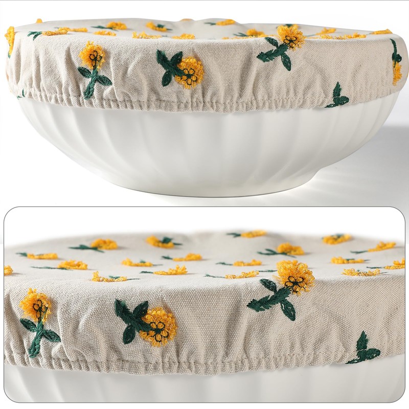 Reusable Bowl Covers for Bread Proofing Baking Embroidered Daisy Linen
