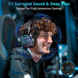 Wireless Gaming Headset with 2.4GHz & Bluetooth 5.4 & 3.5mm Wired Connectivity | Low Latency and RGB Lighting | 7.1 Surround with Detachable Microphone | Up to 60 Hours of Continuous Use | Supports PC