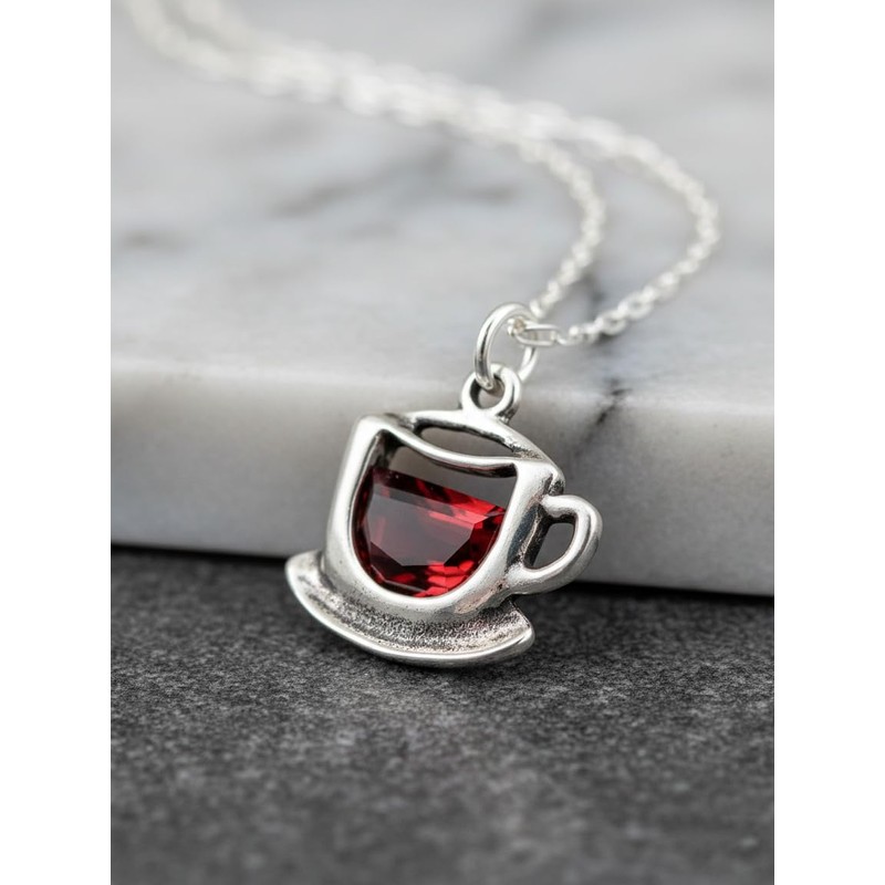 EnCharmed Sterling Silver Coffee Cup Charm Necklace with Red Cubic