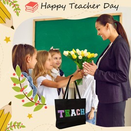 Narasios Teacher Appreciation Gifts Women Tote Bag Funny Birthday Graduation Thank You Gag Gifts for Teacher Black Cotton Canvas Colorful Teach Letters with Interior Pocket
