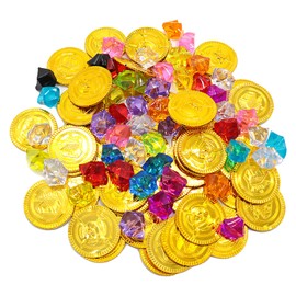 CXNXFD Pack of 100 Gold Coins Pirate Treasure Set (50 Gold Taler Children and 50 Pirate Gemstones), Pirate Treasure for Children, Pirate Party Bags, Treasure Hunt Children's Birthday Party