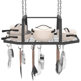 TICKCACY Hexagon Ceiling Pot Rack Hanging Pan Rack Hanging with 15 Hooks, 34" Metal Hanging Pots and Pans Ceiling Mount Organizer Rack, Pot and Pan Hangers for Kitchen Cookware Utensils