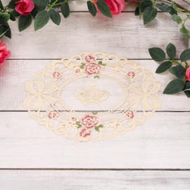 sourcing map 2 Pcs Lace Placemats, 9x12-in Vintage Table Doilies Oval Embroidered Crochet Lace Dolly Cup Mat for Table Vase Home Decor, Apricot