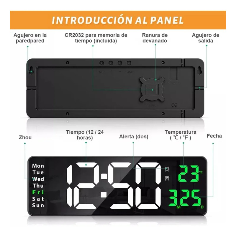 Oailgent Reloj De Pared Digital Con Termómetro, Alarmas Y Calendario