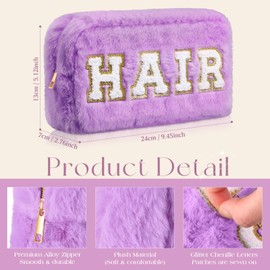 Paterr 4 Pieces Chenille Letter Preppy Patches Makeup Bag Plush Fuzzy Makeup Bag Cosmetic Bag Hair Skin Face Toiletry Bag Stuff Pouch with Zipper Valentine's Day Gifts for Women(Fancy Color)