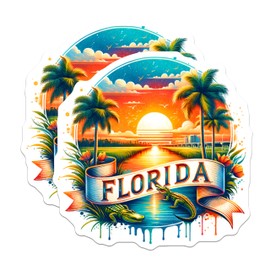 (2 Pack) Florida State Stickers - Sunset Palm Trees - Alligator Wildlife Decal - 5" On Longest Side - Sticks to Smooth Flat Surfaces - Made in USA - BMCS6738