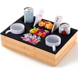 Yerliker Couch Cup Holder Tray, Silicone Lining Couch Caddy Waterproof Anti-spill Sofa Cup Holder for Bed Car Seat Organizer, Hold Mugs, Drinks, Snacks, Phones, Remotes(Rectangle,Black,Bamboo)