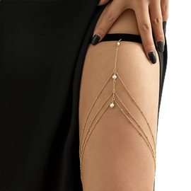 Inateannal Imitation Pearl Leg Body Chain for Women Girls Multilayer Tassel Thigh Chain Boho Beach Stretch Body Chain Harness Rave Thigh Accessories for Nightclub Party