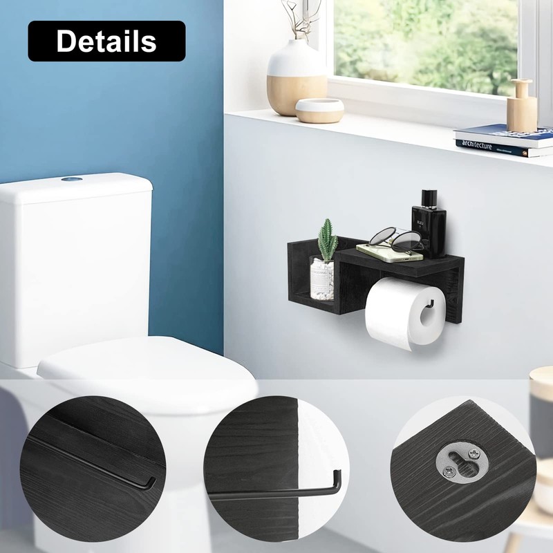 Wooden Black Toilet Paper Holder with Shelf - Wall Mount