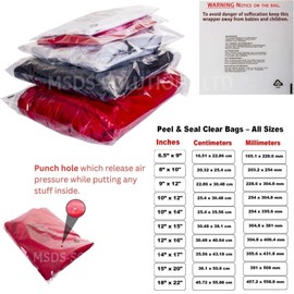 MSDS-SOLUTIONZ 100x Self Seal Clear Cellophane Bags (12 x 16") High Clarity Display Garment Bag – Transparent Packaging Poly Bags 30 Microns Thickness with Suffocation Warning in 5 Languages