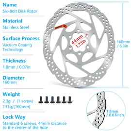140mm 160mm 180mm Bike Disc Brake Rotor with 6 Bolts, Bicycle Brakes Rotors, Vacuum Coating Technology, Center Hole Distance 44mm, for MTB Mountain Road Bikes BMX (1pc, 160mm)