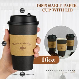 LITOPAK LITOPAK 100 Pack 16 oz Paper Coffee Cups, Drinking Cups for Hot Coffee Chocolate Drinks, Disposable Coffee Cups with Lids, Sleeves and Stirring Sticks, Black Hot Coffee Cups for Home and Cafes