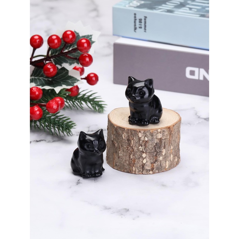 JSDDE Black Obsidian Crystal Cat Figurine for Cat Lovers Cute