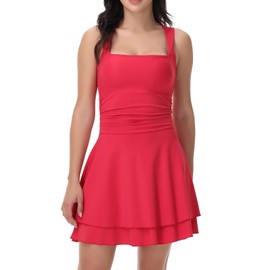 Womens Square Neck Mini Short Party Dress Formal Cocktail Bodycon Dresses Flowy Cute Ruched Corset Ruffle Hem Teen Girls Going Out Club Trendy Clothes Workout Athletic Sundress Casual Summer Red M