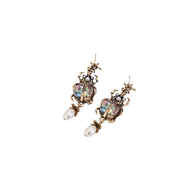 Vintage Bug Insect Beetle Dangle Earrings Abalone Shell Crystal Pearl