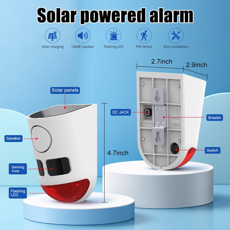 Solar Motion Sensor Alarm with Strobe Light, 130dB Outdoor Security