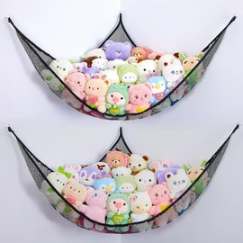 Stuffed  Net or Hammock  Storage Organizer  Hammock Net Bedroom Decor Hanging Storage with Hooks for Girl  Playroom , Black, 2 Pack - Color: Black, Size: 2