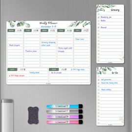 ALEZEL Magnetic Weekly Dry Erase Board for Fridge, Greenery Weekly Calendar Whiteboard Set for Refrigerator - Magnetic Weekly Calendar Planner with 2 List Boards, 4 Markers + Eraser