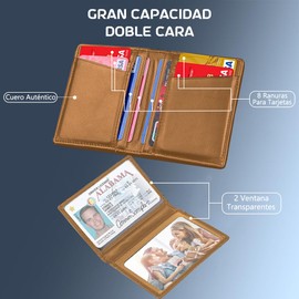 Carteras para Caballero RFID Bloquean, Tarjetero de Cuero con 8 Ranura para Tarjeta de Crédito y 2 Transparente ID de Bolsillo, Tarjetero Hombre de Cuero Doble Pliegue Delgado Billetera. (Marrón)