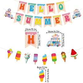 Hello Summer Banner,3 PCS Hawaiian Party Bunting,Ice Cream Colourful Bunting For Summer Luau Beach Cocktail Pool Tropical Theme Garden Birthday Party Decorations