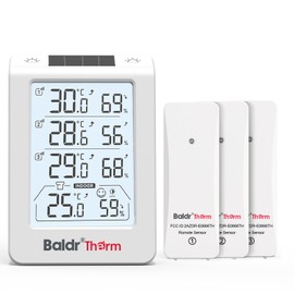 BaldrTherm Digital Thermometer, Indoor and Outdoor Thermometer, 3 Sensors, High Precision, Large Screen, Alarm, Backlight Included, Maximum and Low Temperature Humidity Recording, Comfort Level Display, Dual Use for Office, Veranda, Greenhouse, Warehouse