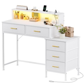KOUSEI 47.2" Modern Vanity Desk No Mirror with 5 Fabric Drawers, Built-in Charging Station, Compact Makeup Dressing Table for Bedroom, Home Office, White