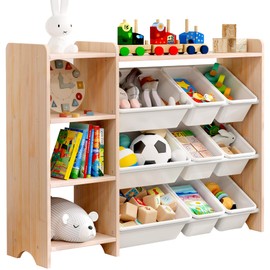 MallBest 4-Tier Kids' Toy Storage Organizer Shelf - 100% Solid Wood,Children's Storage Cabinet with 9 Plastic Bins and and 3 Storage Ports (Varnish-Single Color)