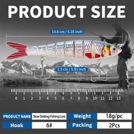 2Pcs Fishing Lures, Pike Lures with 6pcs Wire Trace, Multi Jointed Segmented Pike Fishing Lures Bait with Hooks, 3D Artificial Lures Fishing Gear with Wobbler for Freshwater Saltwater