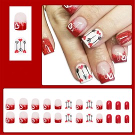 LBPEPAMZ 24Pcs Valentine Press on Nails Short Square Fake Nails with Heart Designs Red Glitter French Tips Glossy False Nails Bling Sequins Full Cover Acrylic Nails Stick on Nails for Women